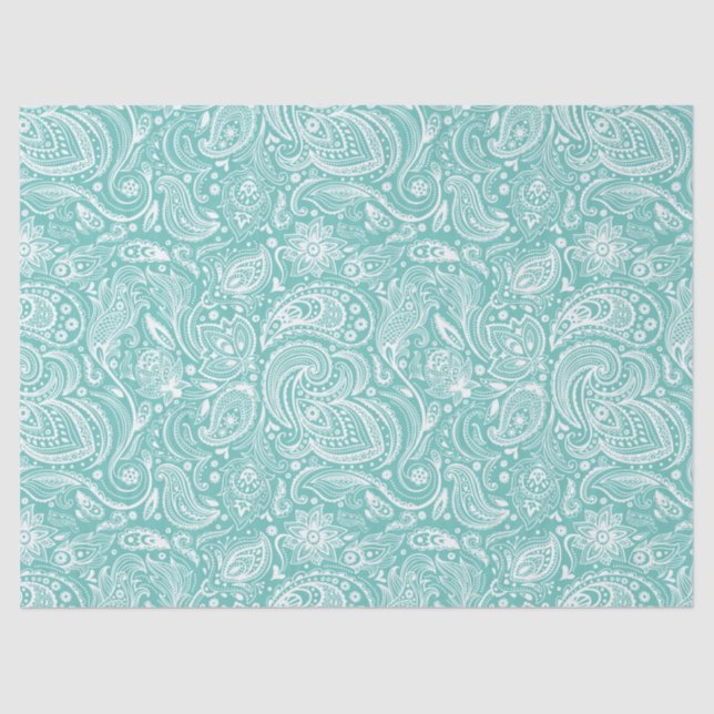 Elegant White Paisley Over Turquise Background Tissue Paper (Front)