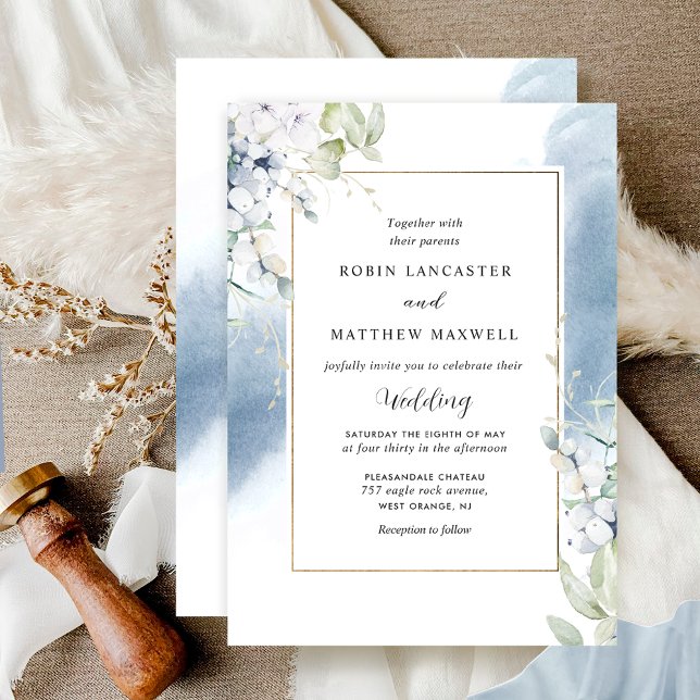 Elegant White, Pale Blue Floral Watercolor Wedding Invitation (Creator Uploaded)