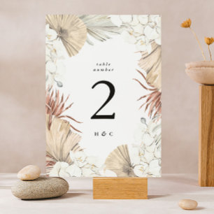 Elegant White Pampas Grass Tropical Jungle Floral Table Number