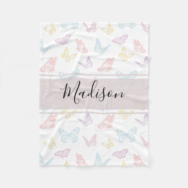 Elegant White Pastel Butterfly Pattern Kids Name Fleece Blanket (Front)
