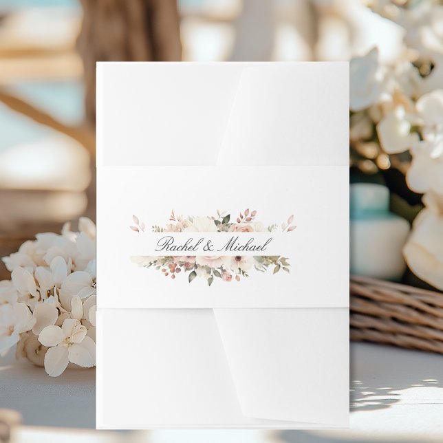 Elegant, white, pastel, flower bouquet invitation belly band (Elegant, white, pastel, flower bouquet invitation belly band with your name.)