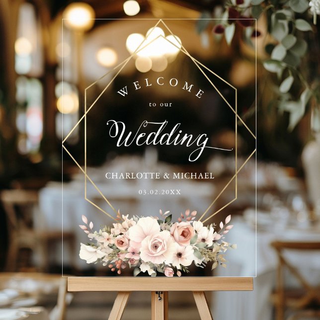 Elegant, White, Pastel, Flower, Geometric Wedding  Acrylic Sign (Personalized Elegant, White, Pastel, Flower, Geometric Wedding Acrylic Sign with your names and date)