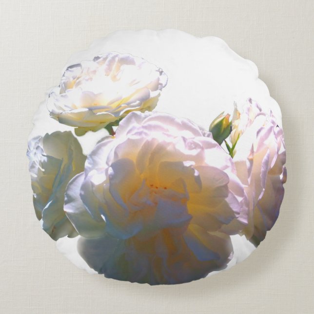 Elegant white peach orange blush roses round cushion (Front)