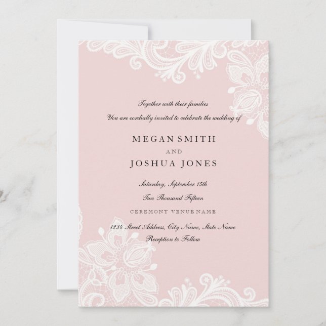 Elegant White Peach Pink Lace Wedding Invitation (Front)