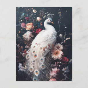 Elegant White Peacock in Floral Night Garden Postcard