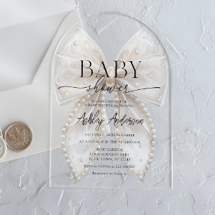 Elegant White Pearl Bow Baby Shower Acrylic Invitations