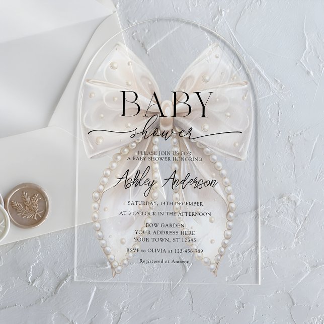 Elegant White Pearl Bow Baby Shower Acrylic Invitations (Creator Uploaded)