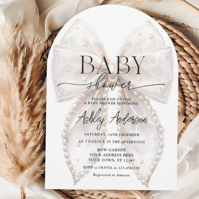 Elegant White Pearl Bow Baby Shower Invitation (Creator Uploaded)
