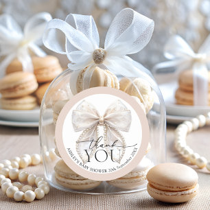Elegant White Pearl Bow Baby Shower Thank You Classic Round Sticker