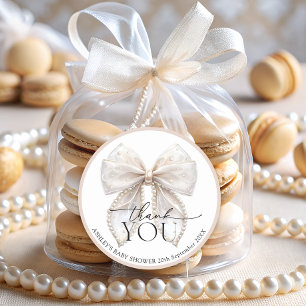 Elegant White Pearl Bow Baby Shower Thank You Classic Round Sticker