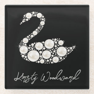 Elegant White Pearl Swan on Black Background Glass Coaster