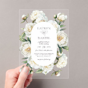 Elegant White Peonies Watercolor Floral Wedding Acrylic Invitations