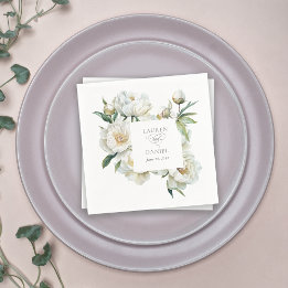 Elegant White Peonies Watercolor Floral Wedding Napkin