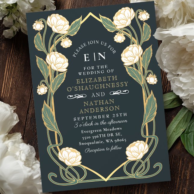Elegant White Peony Art Nouveau Floral Wedding Invitation (Creator Uploaded)