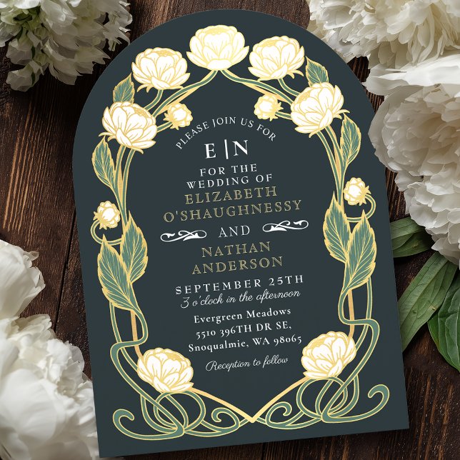 Elegant White Peony Art Nouveau Floral Wedding Invitation (Creator Uploaded)