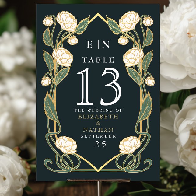 Elegant White Peony Art Nouveau Floral Wedding Table Number (Creator Uploaded)