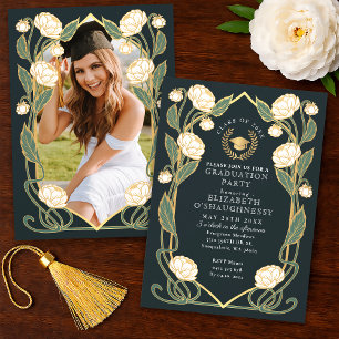 Elegant White Peony Art Nouveau Graduation Party Invitation