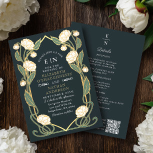 Elegant White Peony Art Nouveau QR Code Wedding Invitation