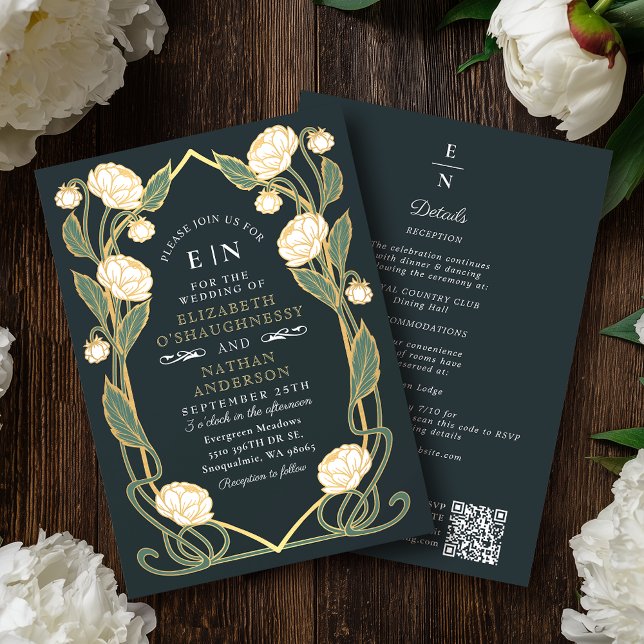 Elegant White Peony Art Nouveau QR Code Wedding Invitation (Creator Uploaded)