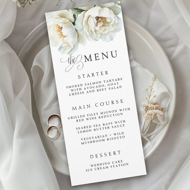 Elegant White Peony Floral Wedding Menu (Creator Uploaded)