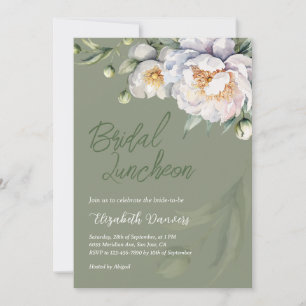 Elegant White Peony Sage Green Bridal Luncheon Invitation