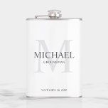 Elegant White Personalised Groomsmen Hip Flask<br><div class="desc">Add a personal touch to your wedding with personalised groomsmen flask.
This flask features personalised groomsman's name with title and wedding date in grey and monogram in light grey as background,  in classic serif font style,  on white background.

Also perfect for best man,  father of the bride and more.</div>