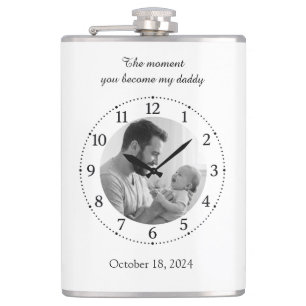 Elegant White Photo Birth Clock Father Moment Hip Flask