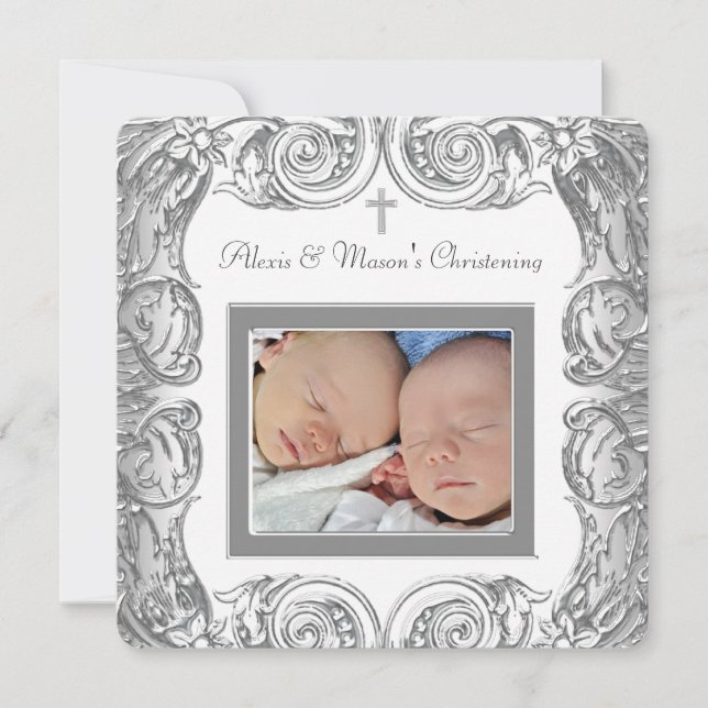 Elegant White Photo Christening Invitation (Front)