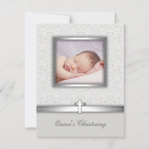 Elegant White Photo Christening Invitations