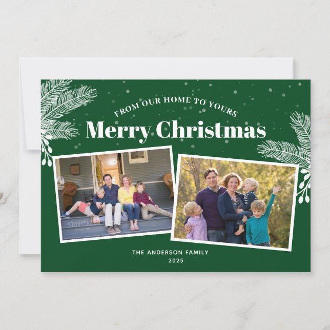 Elegant White Pine on Green 2 Photos Christmas Holiday Card (Front)