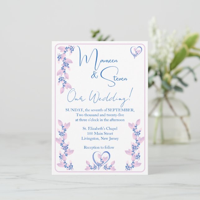 Elegant White, Pink, & Blue Floral Wedding Invitation (Standing Front)