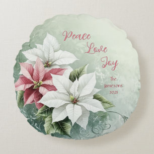 Elegant White Pink Christmas Poinsettias Round Cushion