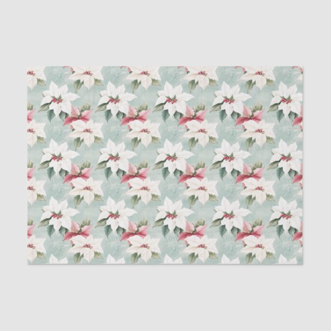 Elegant White Pink Christmas Poinsettias  Tissue Paper (Front)