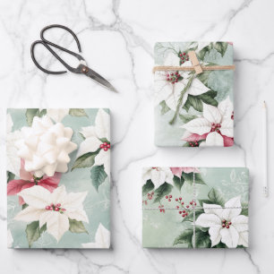 Elegant White Pink Christmas Poinsettias Wrapping Paper Sheet