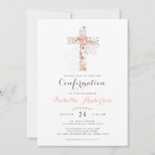 Elegant white pink confirmation floral cross name invitation