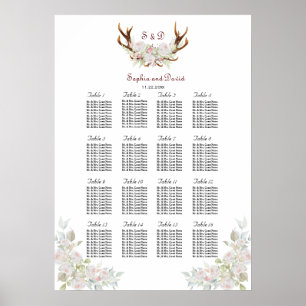 Elegant White Pink Flowers Antlers Seating Chart