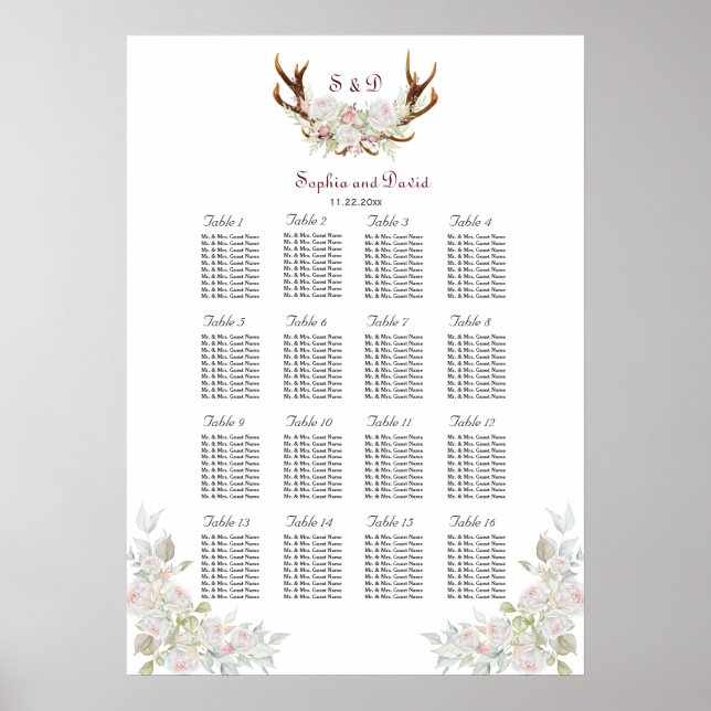 Elegant White Pink Flowers Antlers Seating Chart (Front)