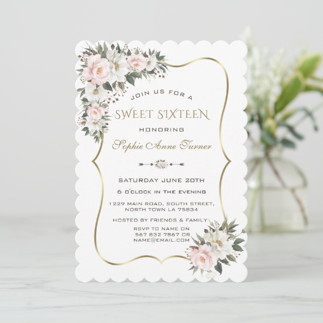Elegant White Pink Flowers Gold Frame Sweet 16  Invitation (Standing Front)