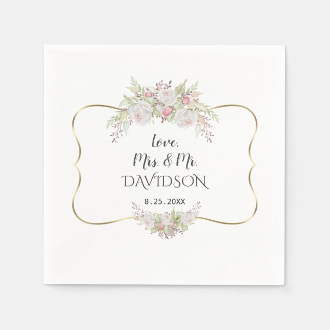 Elegant White Pink Flowers Gold Frame Wedding Napkin (Front)