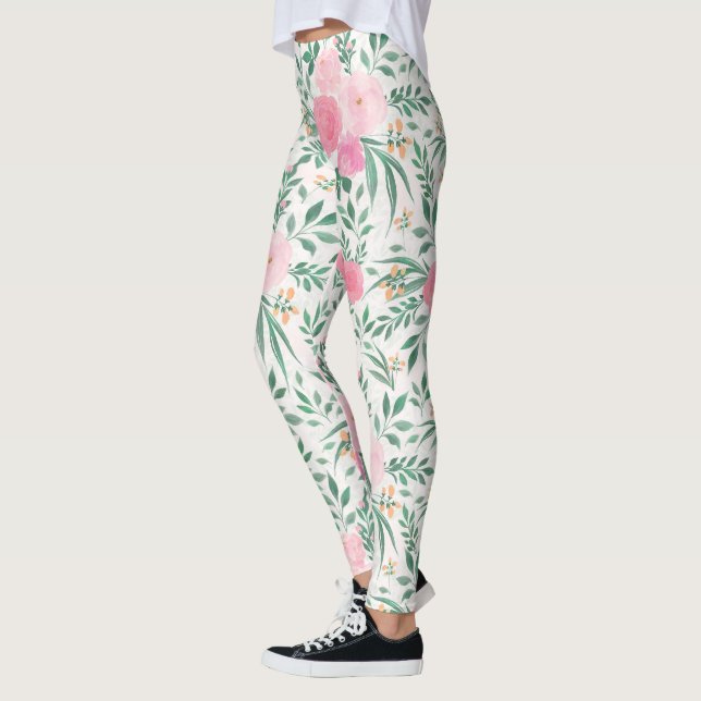 Elegant White Pink Flowers Watercolor Floral  Leggings (Left)