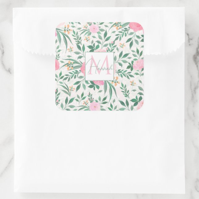 Elegant White Pink Flowers Watercolor Floral Square Sticker (Bag)