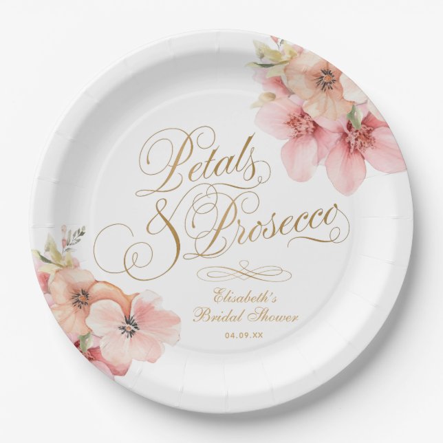 Elegant White Pink Gold Floral Petals & Prosecco  Paper Plate (Front)