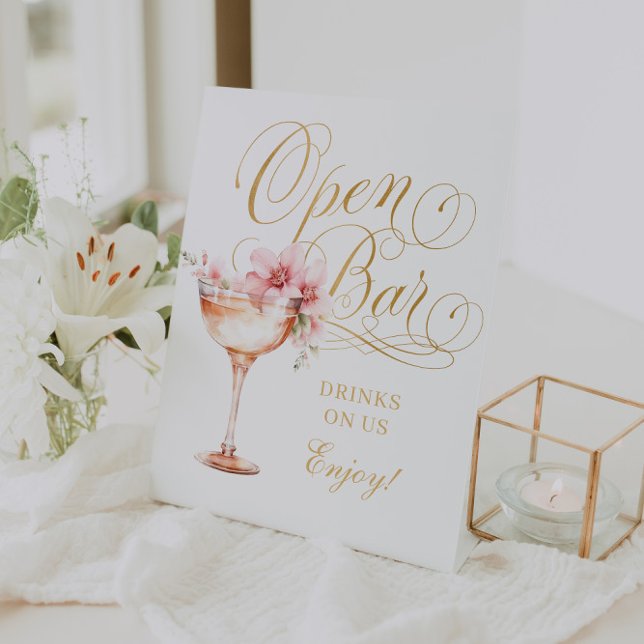 Elegant White Pink Gold Open Bar Pedestal Sign (Elegant White Pink Gold Open Bar Pedestal Sign)