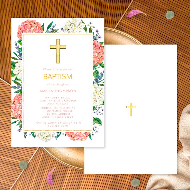 Elegant White Pink Hydrangeas Gold Cross Baptism Invitation (Front / Back)