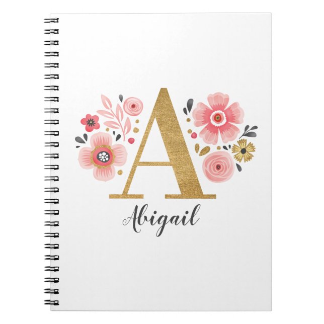 Elegant White Pink Monogram floral Letter A Notebook (Front)