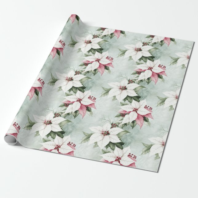 Elegant White Pink Poinsettias Christmas Wrapping Paper (Unrolled)