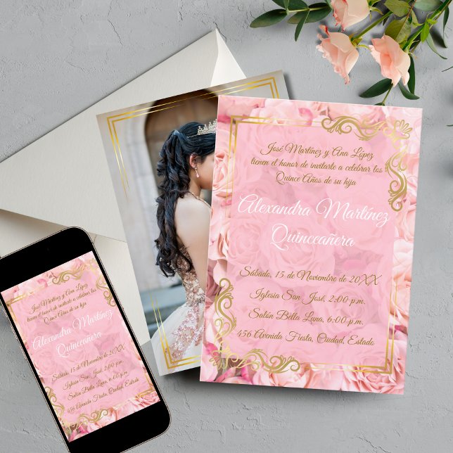 Elegant White Pink Rose Gold Floral Quinceañera Invitation (Creator Uploaded)