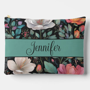 Elegant White Pink Rose Personalised Accessory Pouch