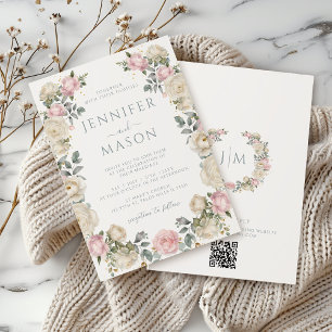 Elegant White Pink Roses Floral Wreath Wedding Invitation