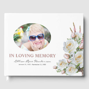 Elegant White & Pink Roses Funeral Photo Memorial Guest Book